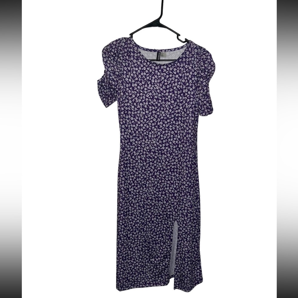 Purple Floral Puff-Sleeved Midi Dress With Slit Size M